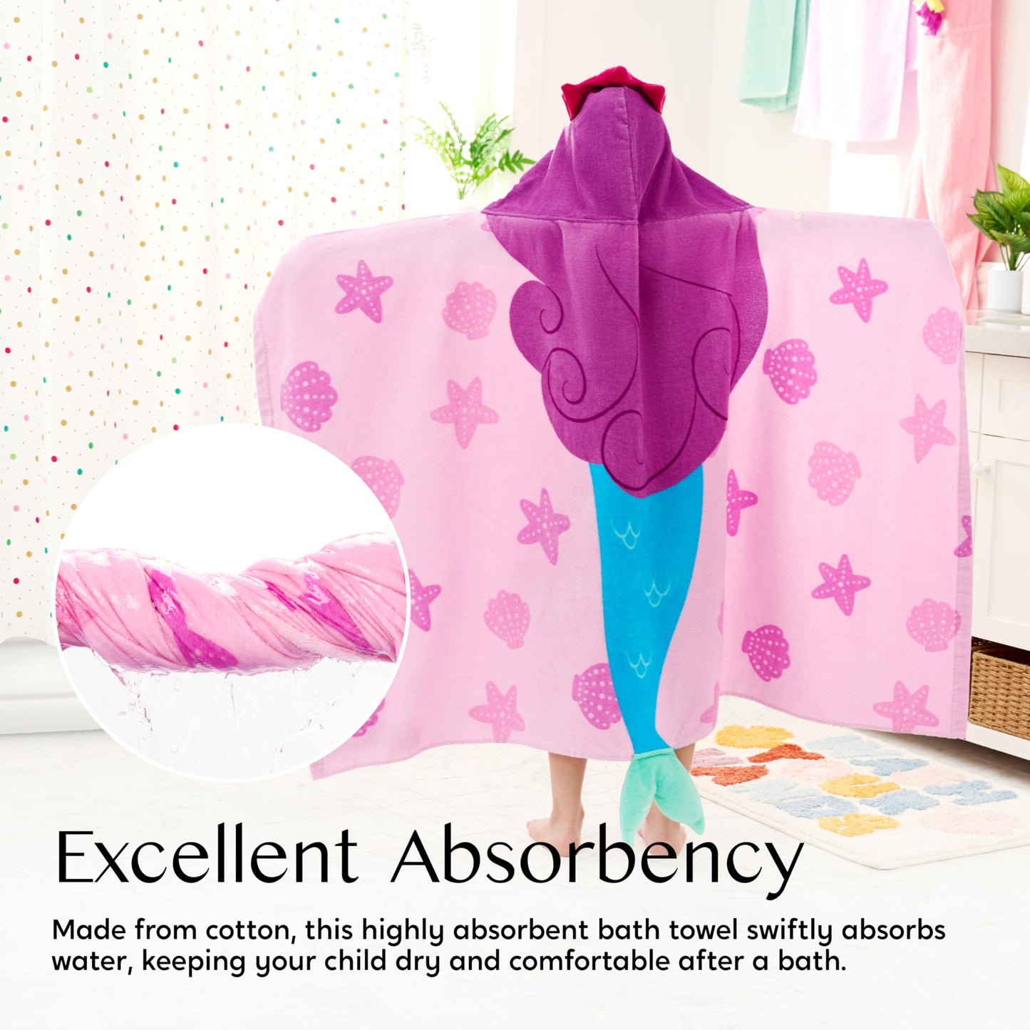 Joiedomi Mermaid Hooded Towel For Kids - Soft 100% Cotton Bath Beach Towel - 30' X 50' For Kids 3-10 Years - Toddler Pool Towe