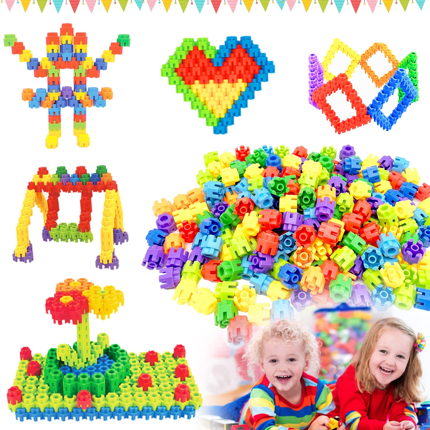 CAPT.GOOSE 300 Pcs Kids Building Blocks with Storage Bag - Interlocking, Colorful Stem Toys for 3+ Year Old - Connects Building