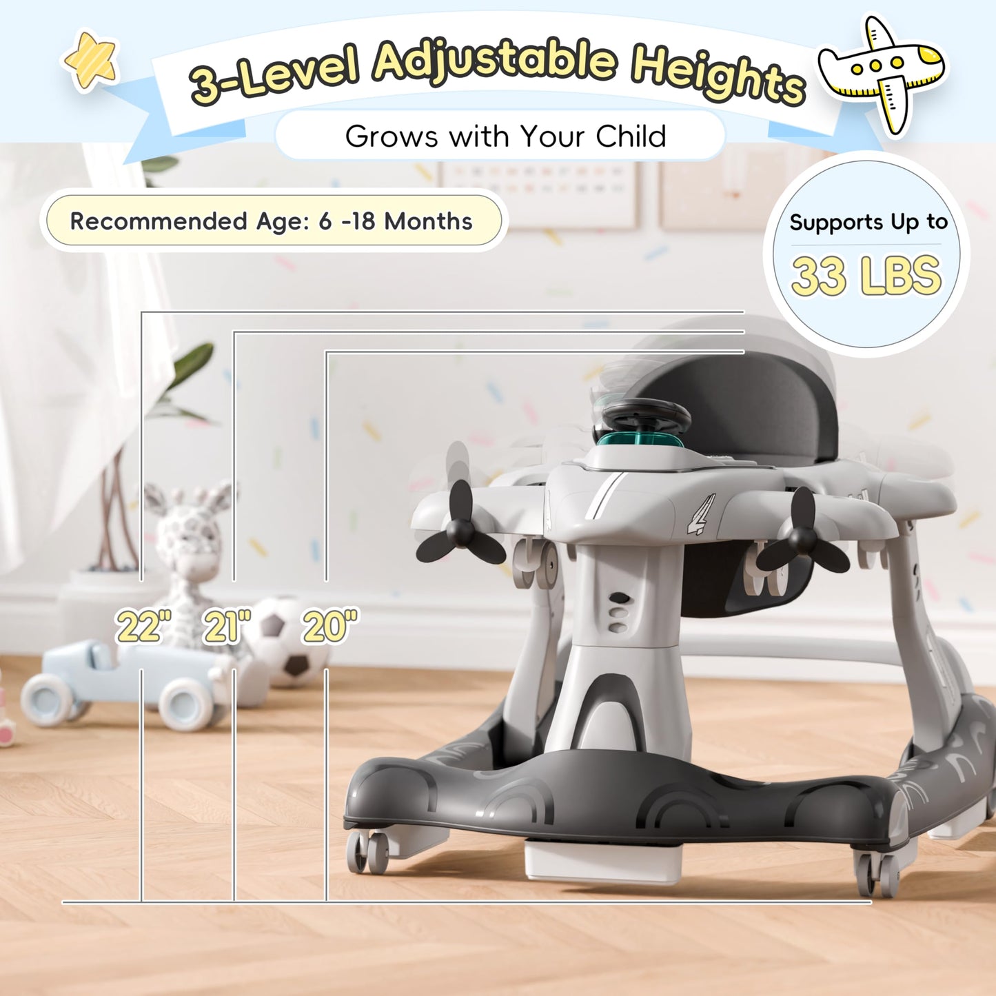 Xilingol 6-In-1 Baby Walker With Adjustable Speed Wheels, Adjustable Height Activity Walker With Padded Seat, Foldable Walker Fo