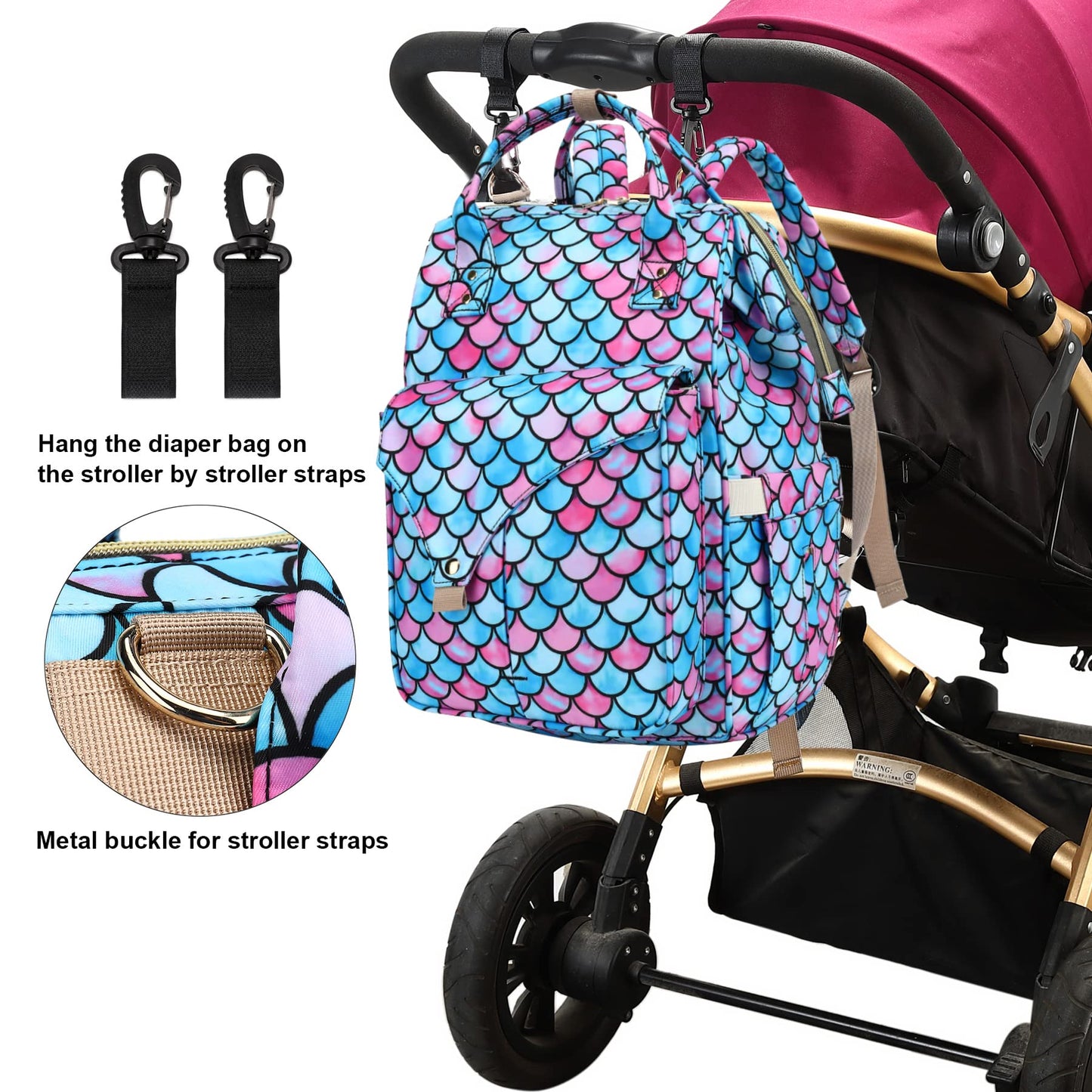 Mermaid Diaper Bag Backpack For Baby Girls Boys, Large Capacity Multifunction Waterproof Maternity Mom Nappy Bags With Stroller