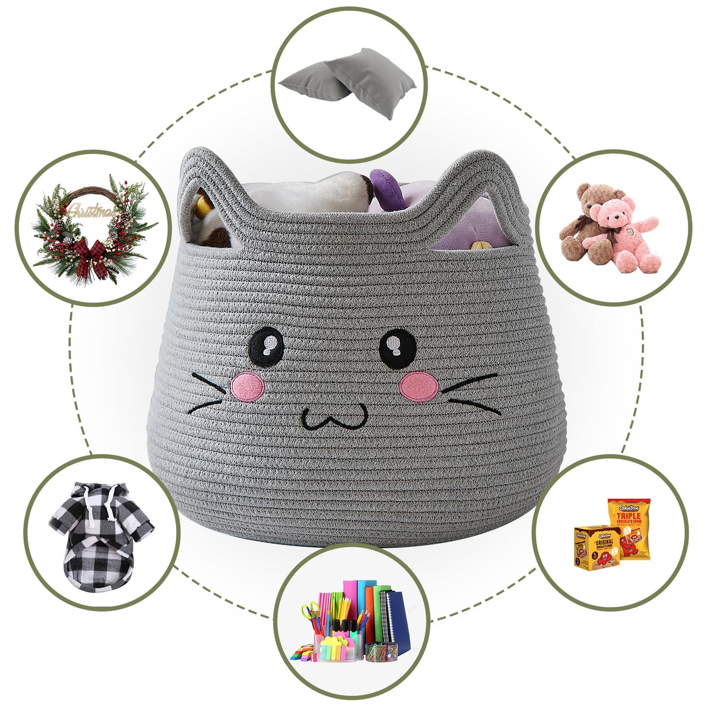 Omerai Animal Cat Basket, Cute Cotton Rope Woven Large Blanket Basket, Toy Storage For Nursery Decor And Laundry Organizer With