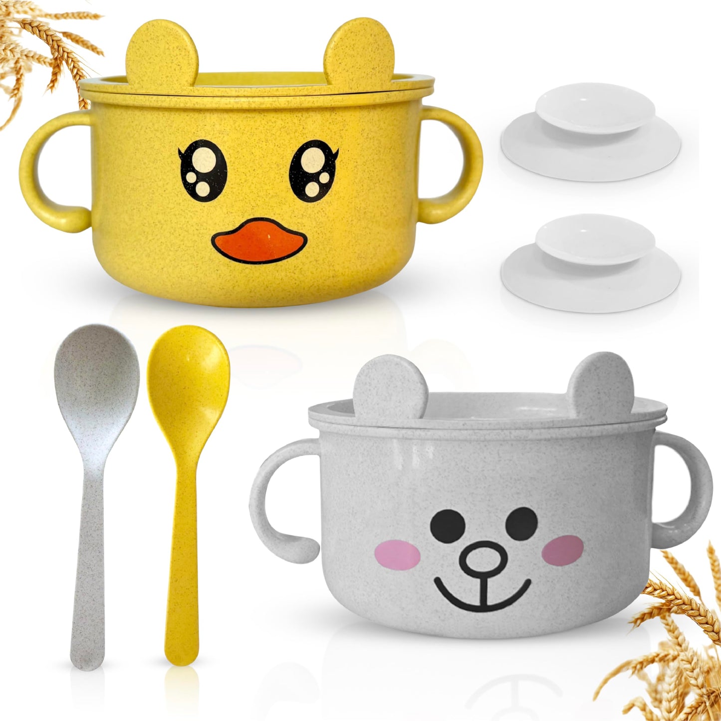 Unbreakable Bowls for Babies & Toddlers with Spoon and Plate, Eco-Friendly Wheat Straw, Stay Put Suction, BPA-Free, Microwave &