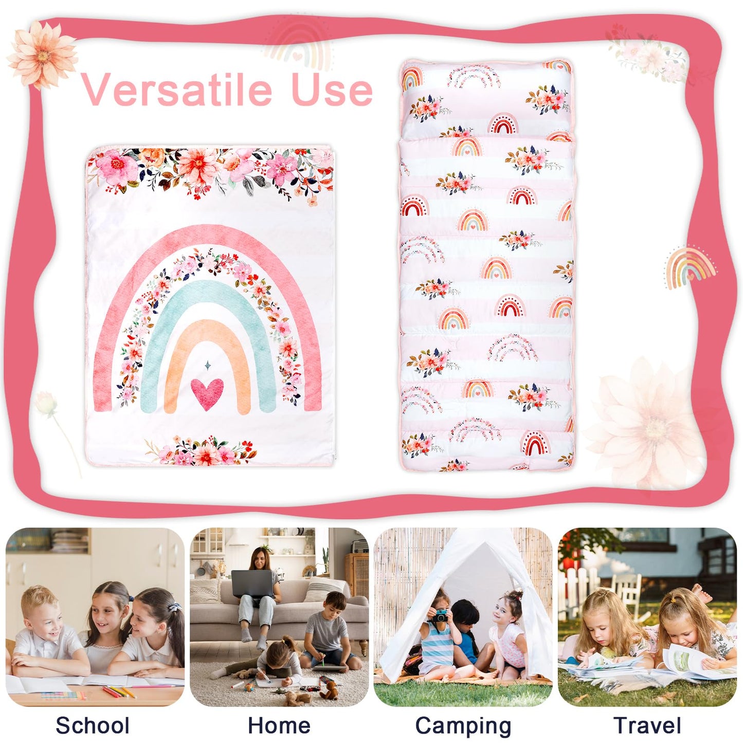 Toddler Nap Mat With Removable Pillow And Soft Dot Minky Blanket Pea Pod Kids Rainbow Floral Napping Mats Extra Large Rolled Slu
