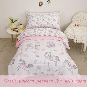 Viviland Unicorn Toddler Comforter Sets, Cute Girls Toddler Bedding Set, Soft Microfiber Toddler Bed Set