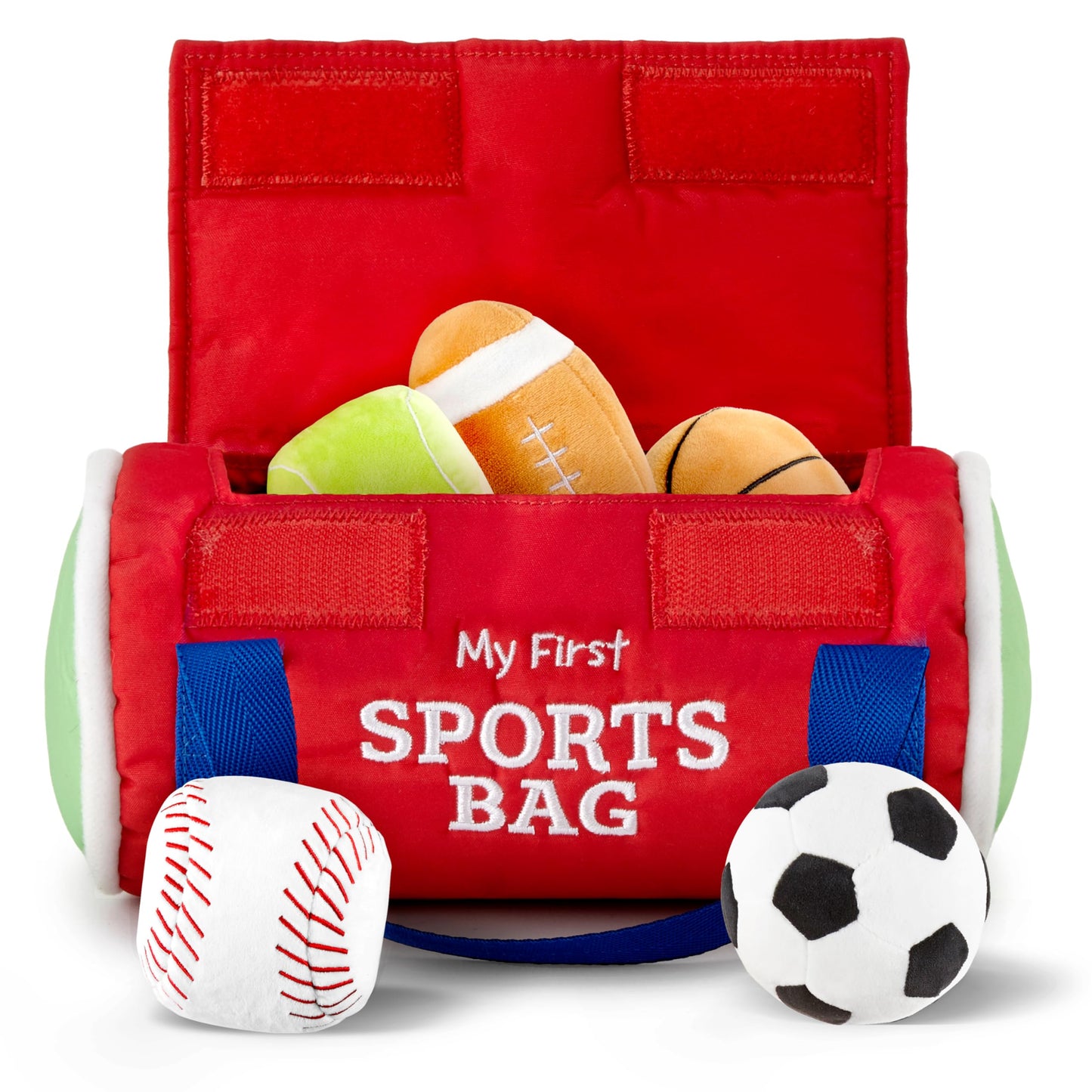Kidaddle Babys First Sports Bag - Large, Plush Sensory Balls with Travel Bag, Toddler Sports Bag with Rattling Football, Squeak