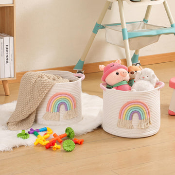 Inough Toy Storage Baskets Woven Cotton Rope Storage Basket With Rainbow Decor For Kids, Blanket Baskets For Living Room Toys Or