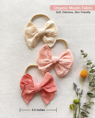 Cherssy Baby Girl Muslin Headbands, 3.5' Cotton Hair Bows Nylon Hairbands For Newborns, Infants, Toddlers - 6Pcs