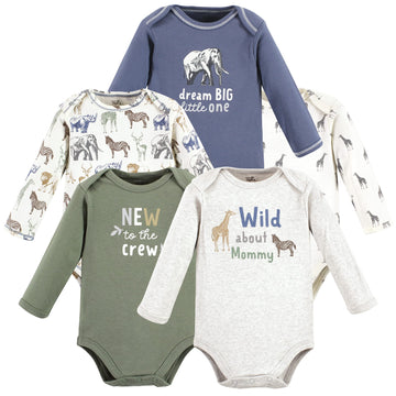 Touched By Nature Unisex Baby Organic Cotton Long-Sleeve Bodysuits, Boy Safari, 12-18 Months