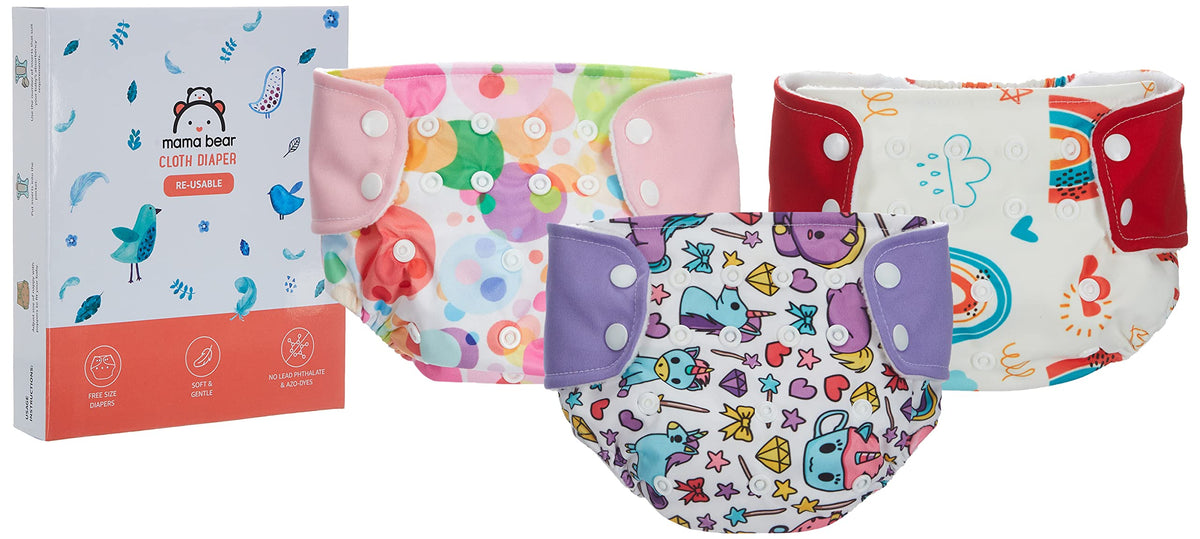 Mama Bear Reusable Cloth Diapers Pack Of 3 Diapers, Freesize, For Baby 03 Yrs (Pink, Purple, Red)