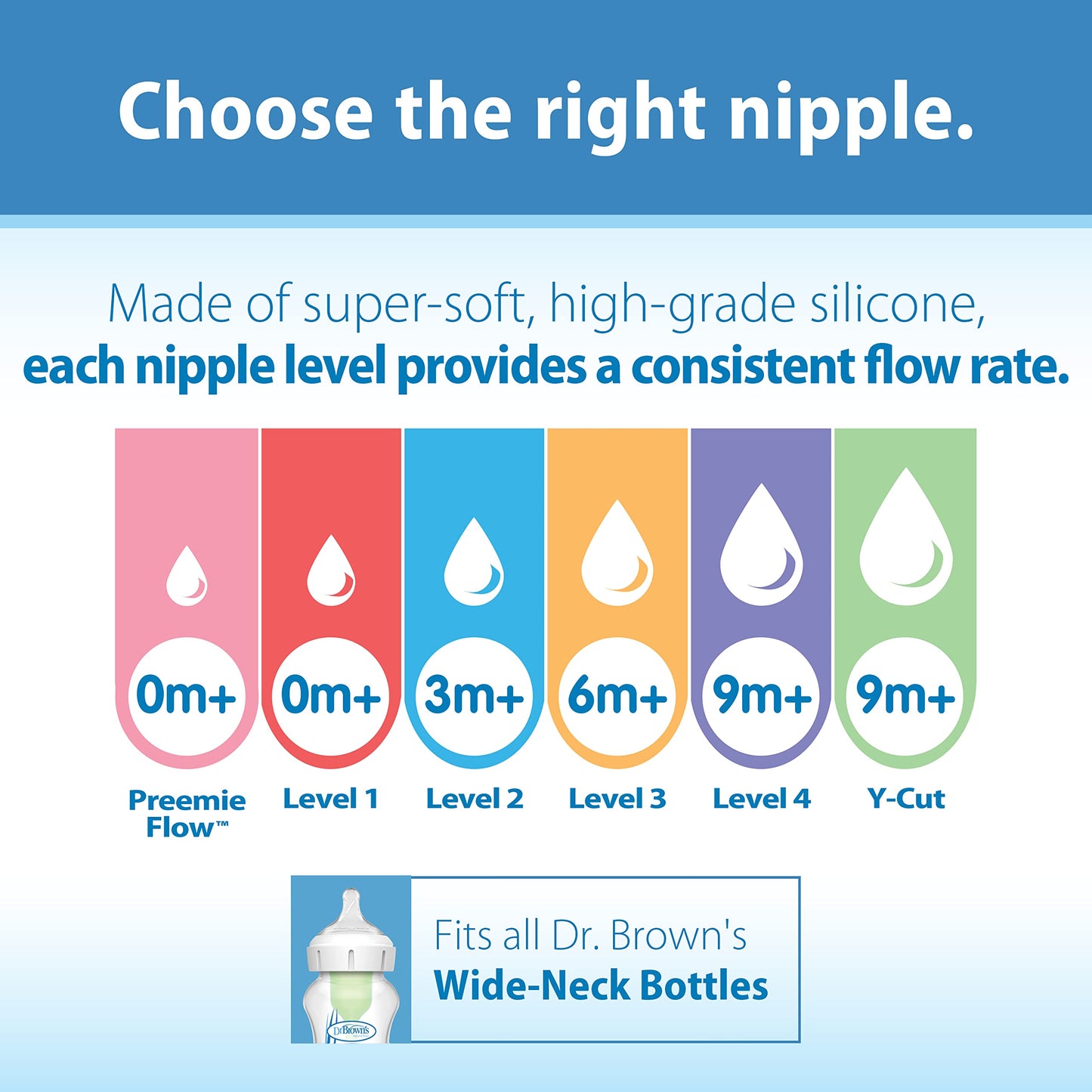Dr. Brown'S Natural Flow Level 3 Wide-Neck Baby Bottle Silicone Nipple, Medium-Fast Flow, 6M+. 100% Silicone Bottle Nipple, 6 Co