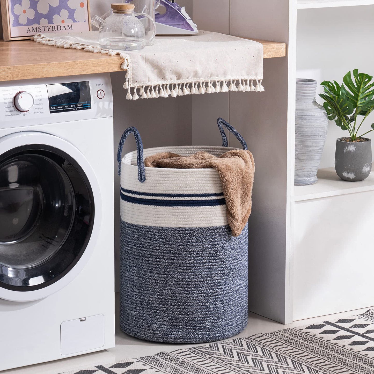 Woven Rope Laundry Hamper Basket by YOUDENOVA, 58L Tall Luandry Basket, Baby Nursery Hamper for Blanket Storage in Bedroom-Large