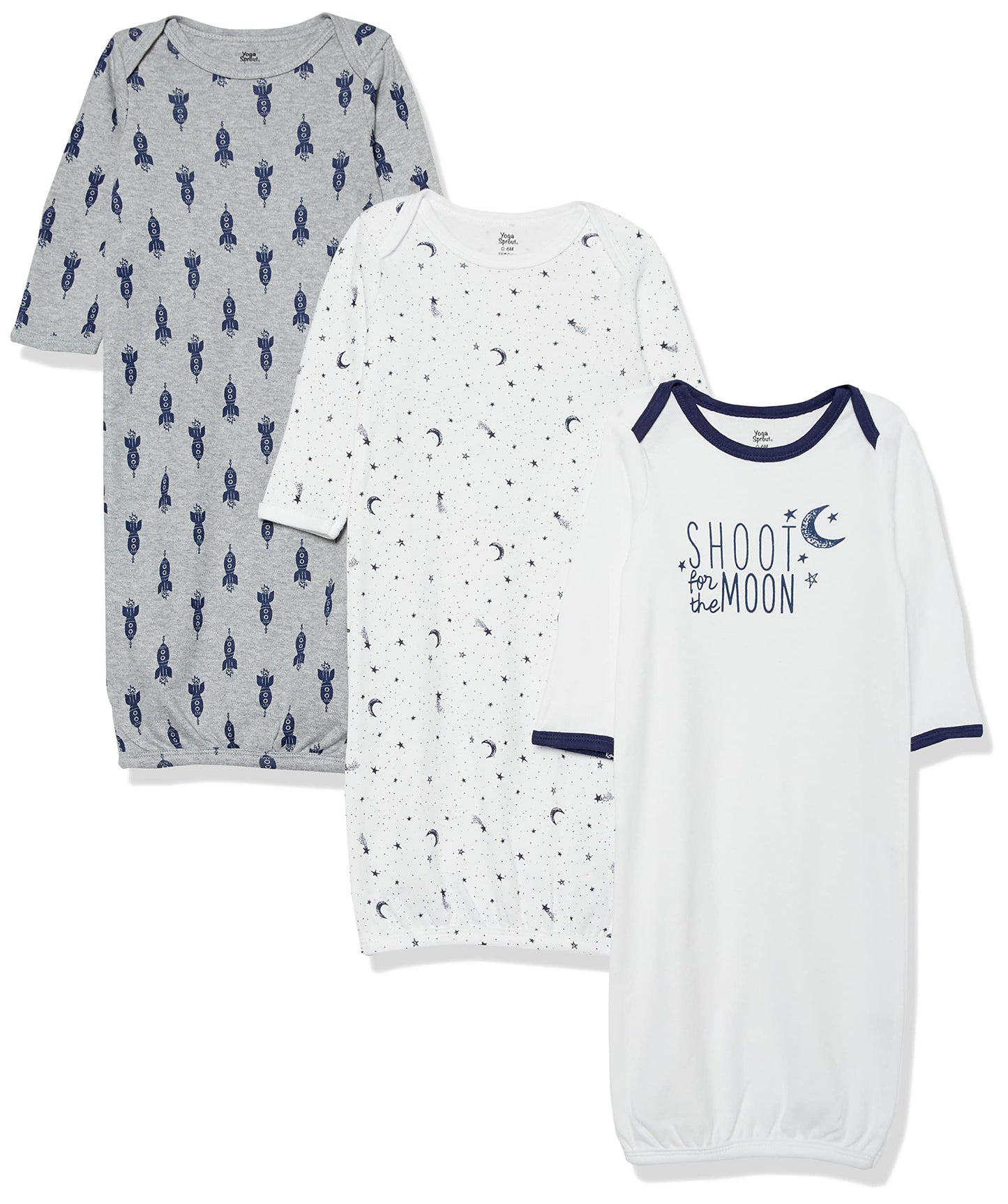 Yoga Sprout Cotton Gowns, 3 Pack, Moon, Preemie