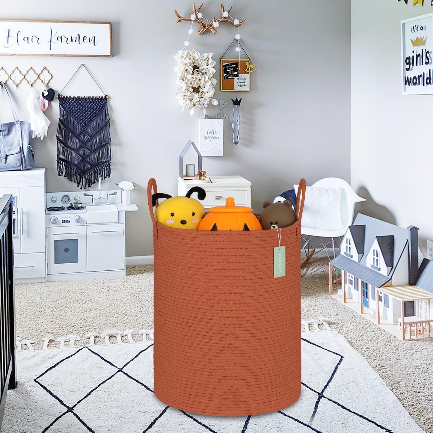 Bosroty Large Laundry Hamper Basket For Girls Boys Kids 65L, Tall Nursery Hamper With Handles, Woven Blanket Basket For Storage