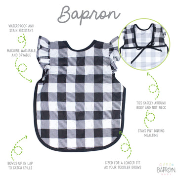 Bapronbaby Flutter White Buffalo Plaid Bapron - No Neck Tie Safer Bib For Baby& Toddler - Soft Waterproof Stain Resistant - Mach