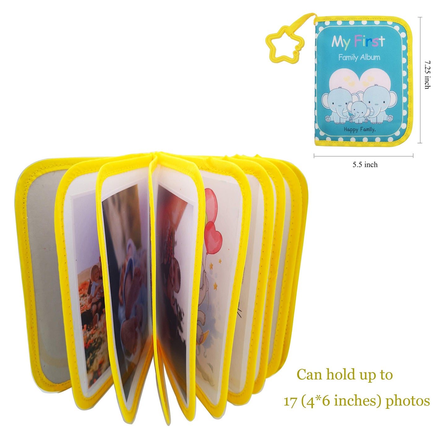 Buviagem Baby Soft Cloth Album; Babys My First Photo Book For Family Memery With Safe Mirror Holds 17 Photos Lovely Elephant Fam