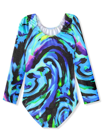 Hoziy Long Sleeve Gymnastics Leotards For Toddler Girls Kids Child 4T 5T Blue Purple Green Black Colorful Oil Painting Swirl Spl