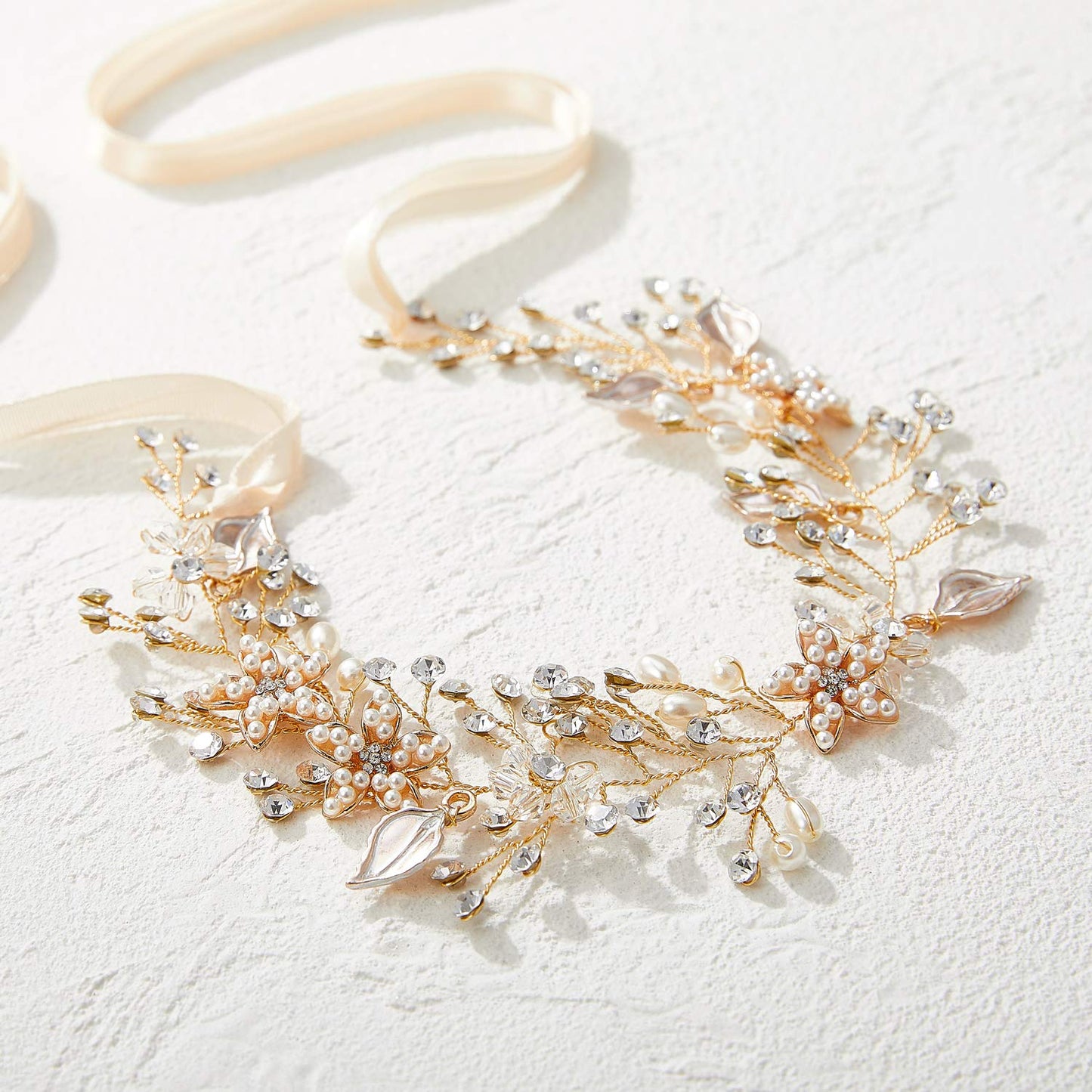 Sweetv Flower Girl Headband For Wedding, Baby Girl Flower Pearl Hair Piece, Gold Headpiece For Birthday Party, Photography