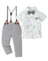 Baby Boy Dress Clothes Set Printed Shirt Grey Suspender Pants Outfits Toddler Boy 12 Months 18 Months 12-18