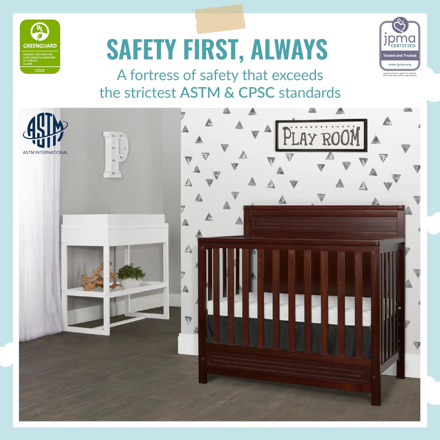 Dream On Me Harbor Full Panel 4-In-1 Convertible Mini Crib In Espresso, Water-Based Paint Finish, Jpma Certified, 3-Position Mat