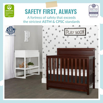 Dream On Me Harbor Full Panel 4-In-1 Convertible Mini Crib In Espresso, Water-Based Paint Finish, Jpma Certified, 3-Position Mat