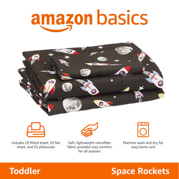 Amazon Basics Kid'S Soft Easy-Wash Lightweight Microfiber 3-Piece Sheet Set, Toddler, Multi Colour, Space Rockets