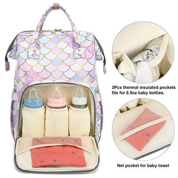 Yusudan Mermaid Diaper Bag Backpack For Baby Boys Girls, Waterproof Large Nappy Bags For Mom & Dad