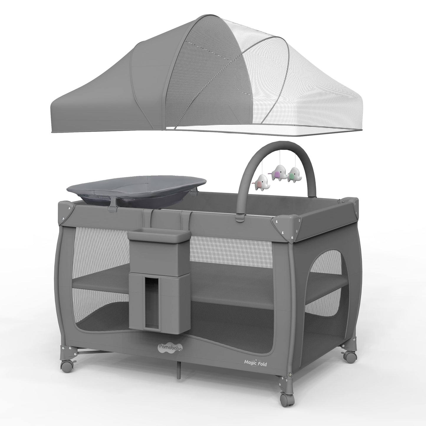 Pamo Babe Pack and Play 1-Second Setup 4-in-1 Portable Crib for Baby with Bassinet, Mosquito Net, Changing Table & Toy Arch