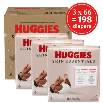 Huggies Size 1 Diapers, Skin Essentials Baby Diapers, Size 1 (8-14 Lbs), 198 Count (3 Packs Of 66)