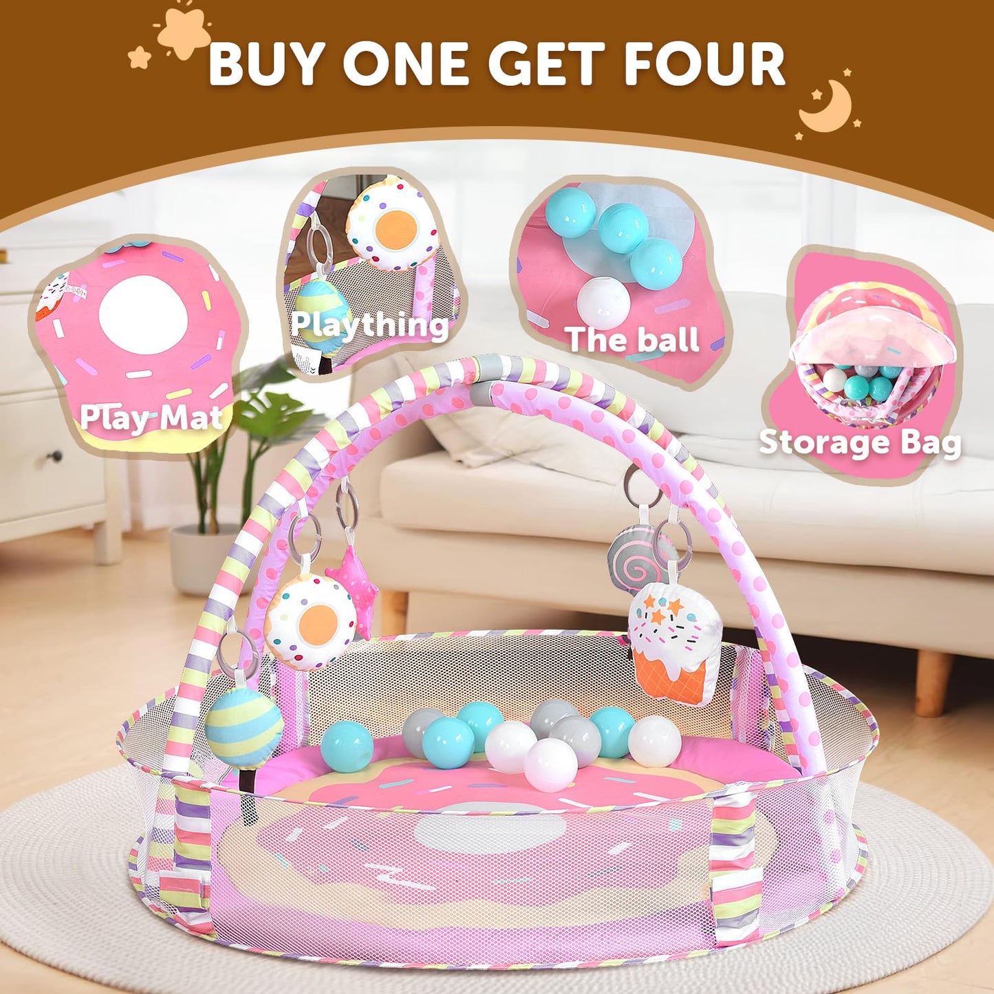 4-In-1 Baby Play Mat & Baby Play Gym,Baby Girl Play Mat Activity Gym, Pink Donut Tummy Time Mat For Babies And Toddlers, Infant