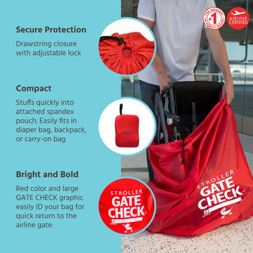 J.L. Childress Gate Check Bag For Single & Double Strollers - Stroller Bag For Airplane - Large Air Travel Stroller Bag - Red