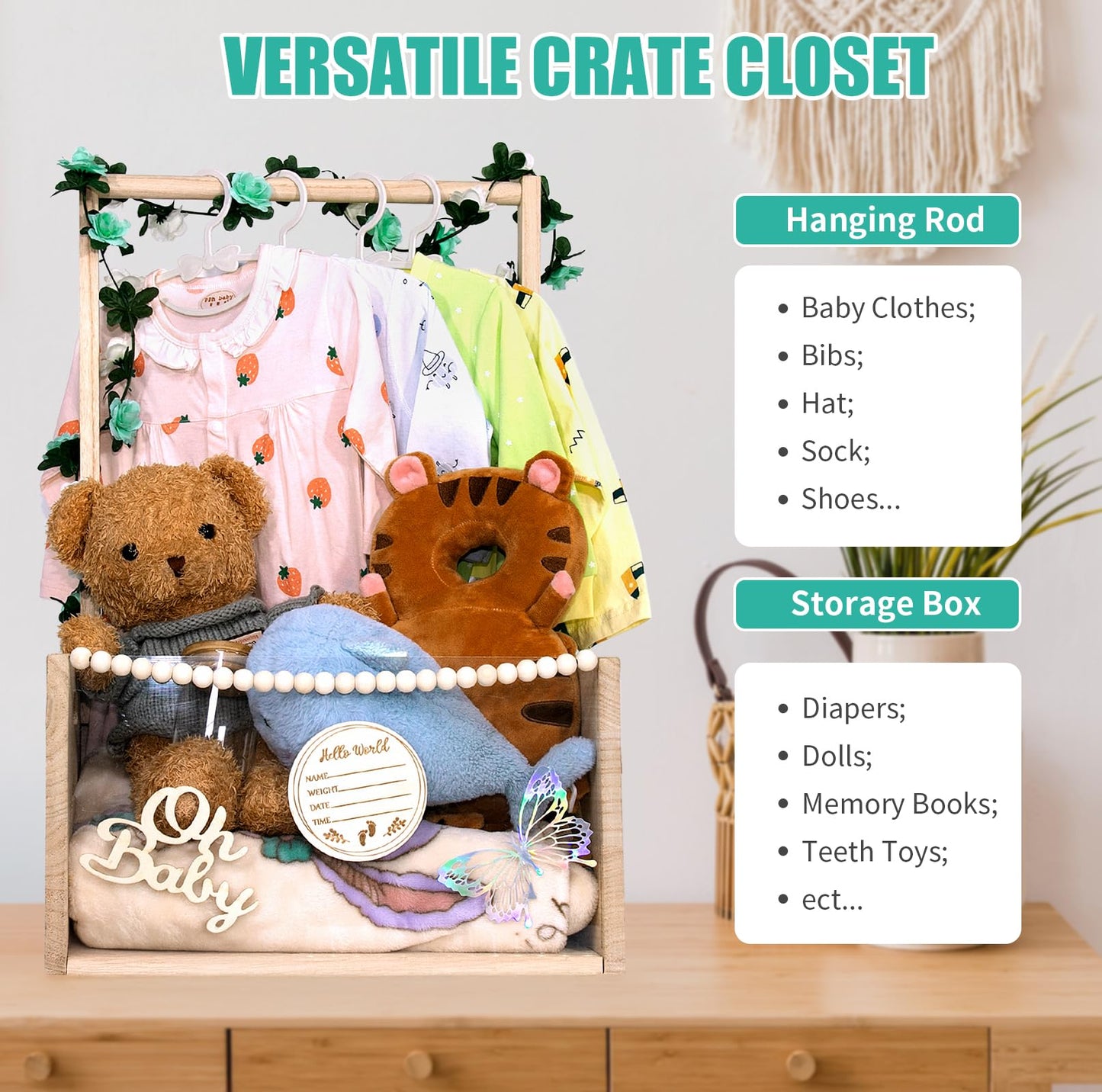 Wooden Baby Shower Crate Closet, Customizable Lights Up Diy Acrylic Visible Baby Storage Crate With Handle, Easy Assembly Baby B