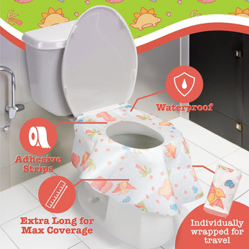 Potty Shields Toilet Seat Covers Disposable (40 Pk, Dinosaurs) - Xl Waterproof Toilet Cover For Toddlers, Kids & Adults - Portab