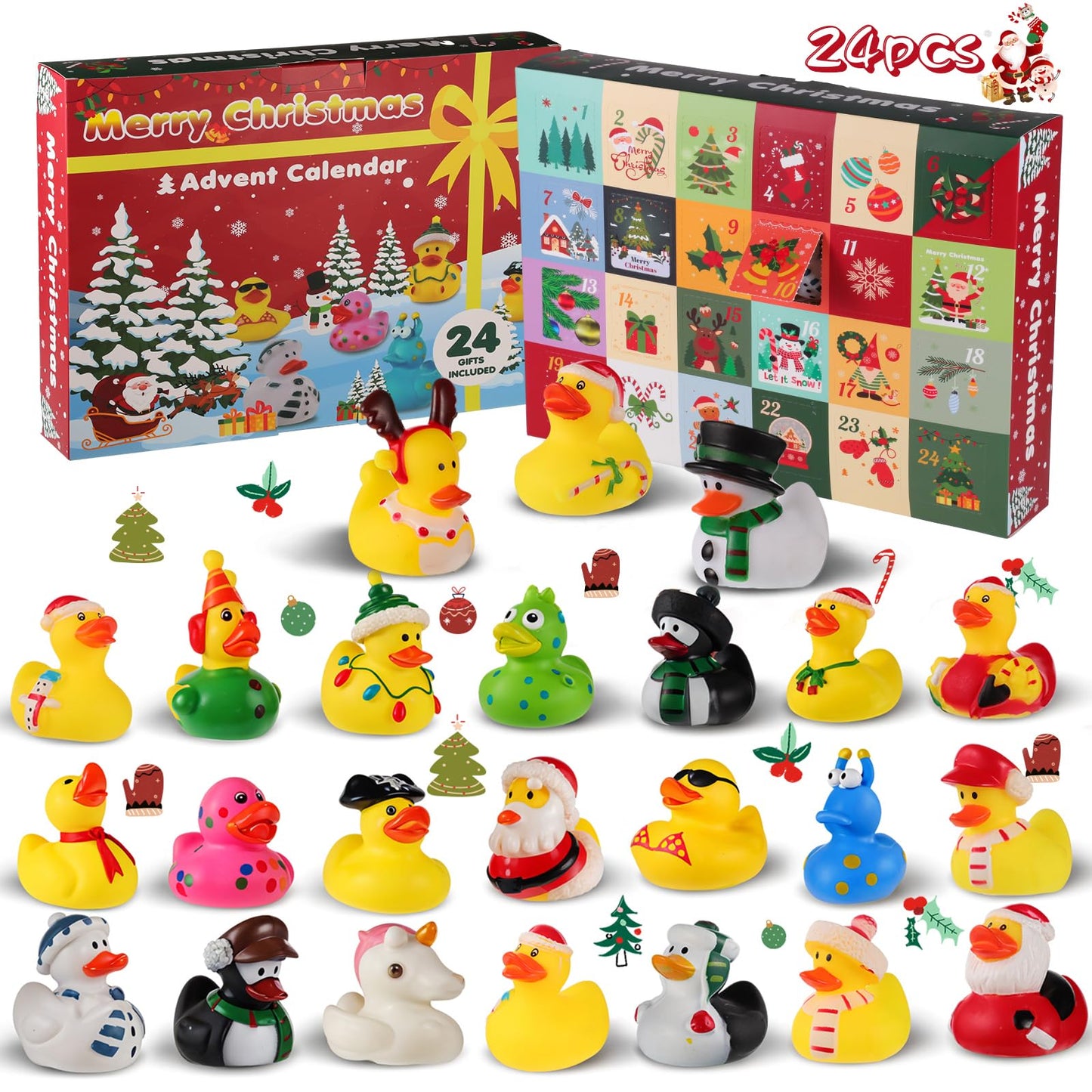 24 Pcs Christmas Rubber Ducks, 2 Inch Christmas Rubber Duckies Bath Toys for Advent Calendar Ducks Ducking Party Favors Gifts Ch