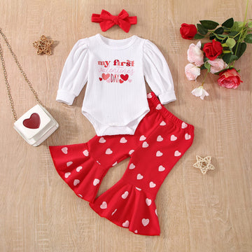 Twopumpkin My First Valentines Day Baby Girl Outfit Heart Onesie+Bell Bottoms+Headband Newborn Valentines Day Clothes Spring 12-