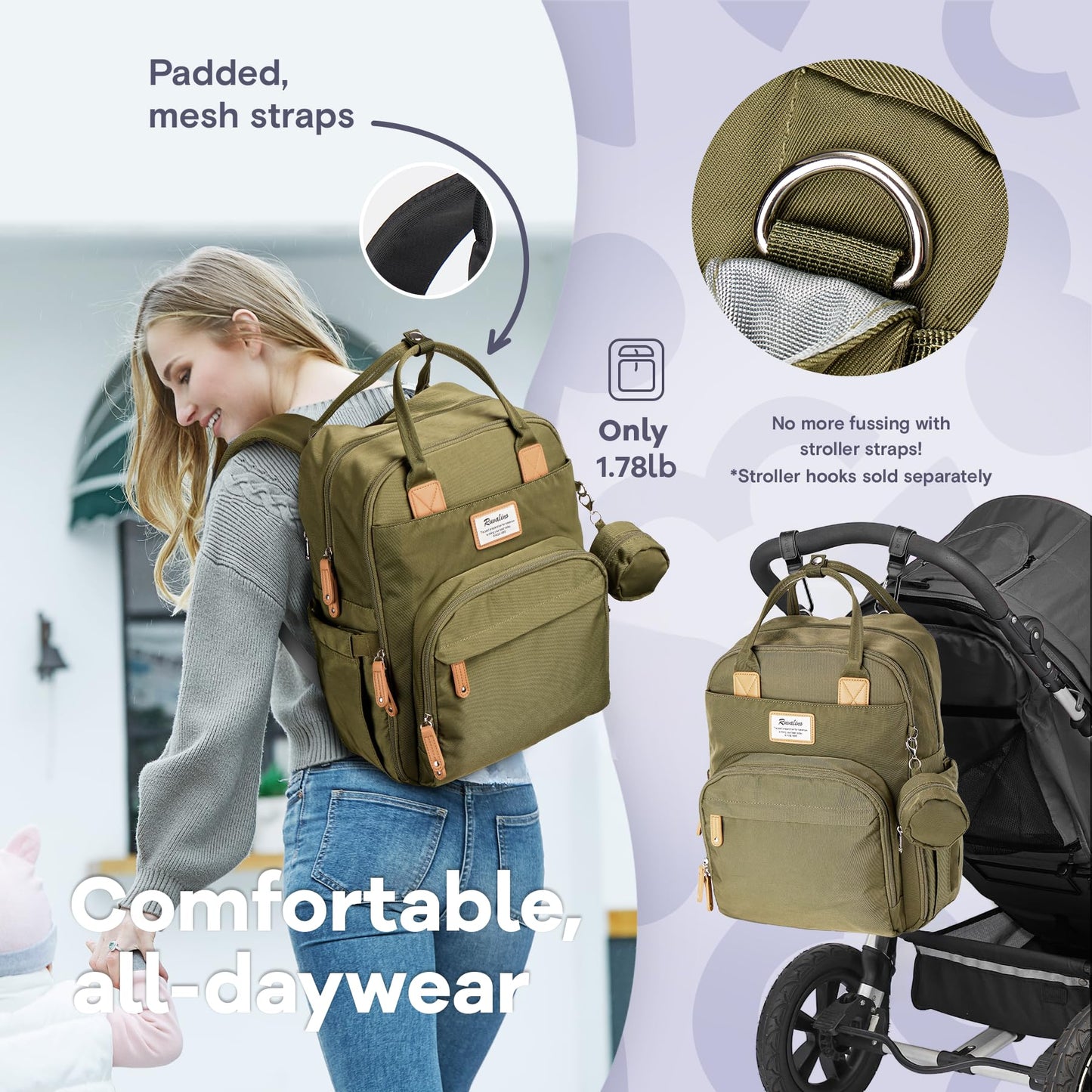 Ruvalino Diaper Bag Backpack, Multifunction Travel Pack Maternity Baby Changing Bags, Large Capacity, Waterproof, Gray Xl