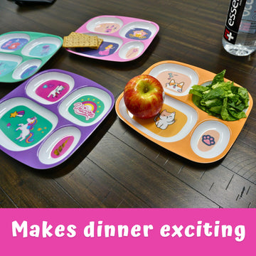4E'S Novelty 4 Melamine Dinner Plate For Kids Girls, Plastic Mealtime Divided Plates, Dinnerware Dishes Set For Toddlers Picky E