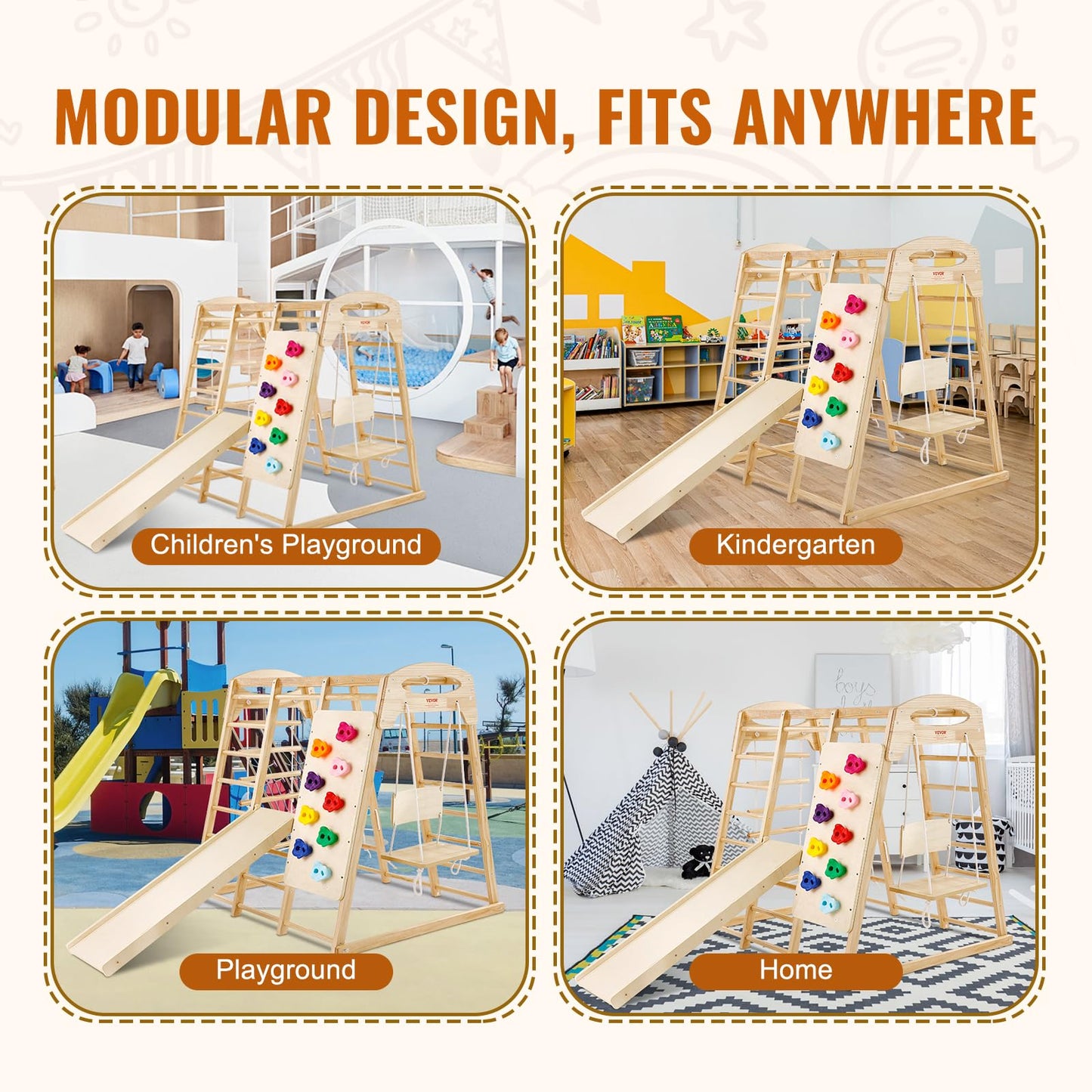 Vevor Medium Size Indoor Playground Jungle Gym, 7-In-1 Toddlers Climber With Wood & Rope Ladder, Net Ladder, Swing, Monkey Bar,
