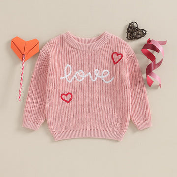 Baby Girl Cute Long Sleeve Crew Neck Love Embroidery Sweater Toddler Valentine Day Outfits (Pink Love Heart, 3-6 Months)