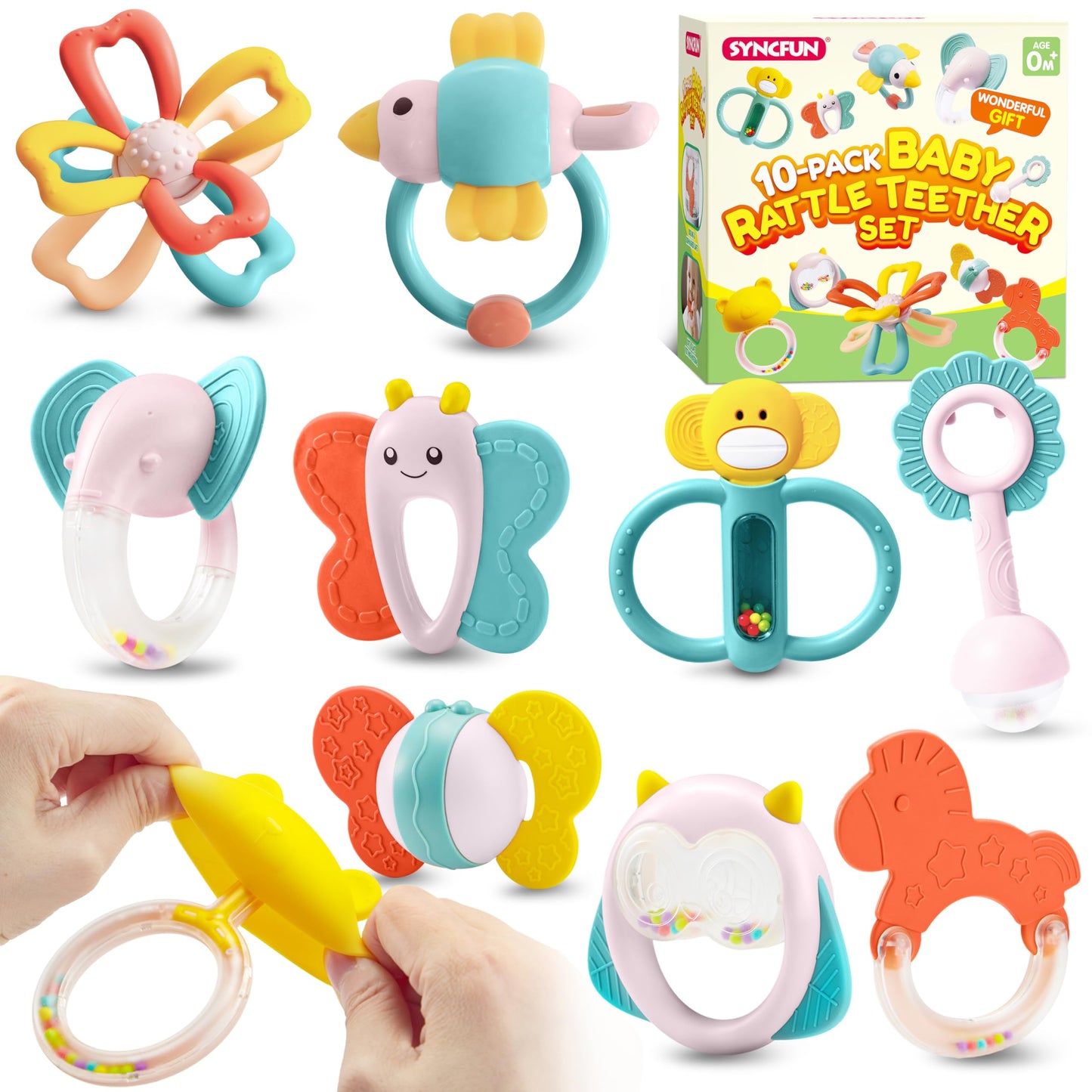 SYNCFUN Baby Toys 0-6 Months, 10 Pack Baby Teething Toys, Infant Baby Toys 6-12 Months, Rattles Teethers Toys for Baby 0-3-6-12
