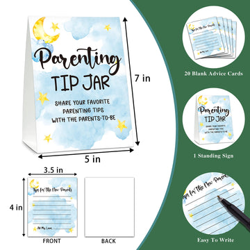 Baby Shower Games, Parenting Tip Jar Party Games(1 Standing Sign + 20 Advice Cards), Moon And Stars Advice Cards For New Parents
