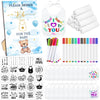 Panitay 100 Pcs Diy Baby Bibs Decorating Kit 50 White Bibs 25 Stencils 24 Fabric Markers 1 Baby Shower Game Sign(Blue Bear)