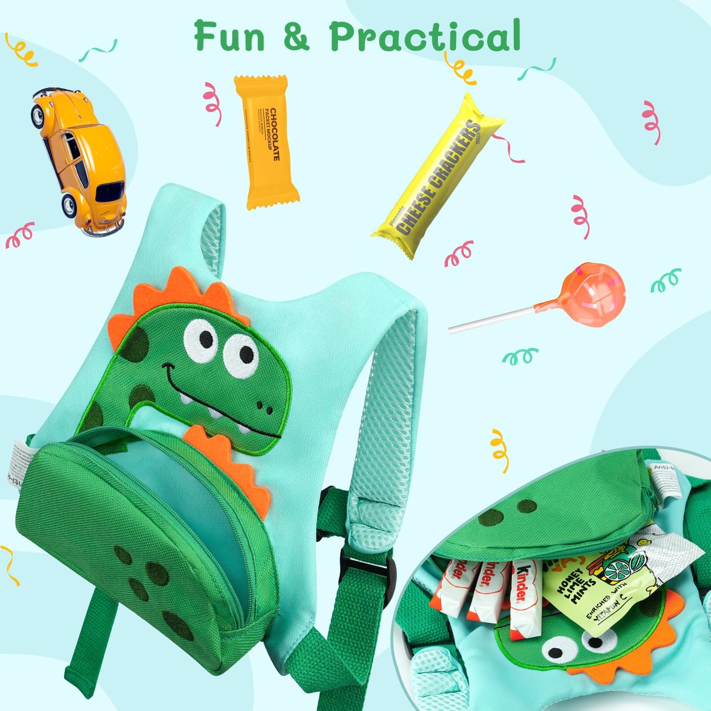 Dr.Meter 3 In 1 Toddler Harness Leash + 8.2Ft Anti Lost Wrist Link, Cute Dinosaur Kids Safety Harness Tether With Key Lock, Chil