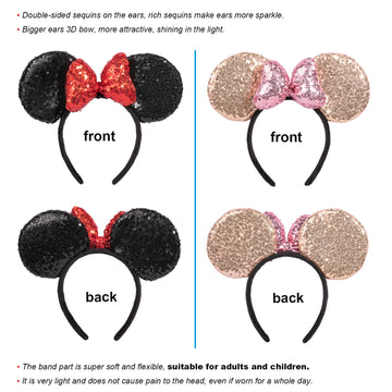 Chuangqi 2Pcs Mouse Ears Shiny Headbands 3D Bow, Double-Sided Sequins Hair Band For Birthday Party, Holiday Dress Up