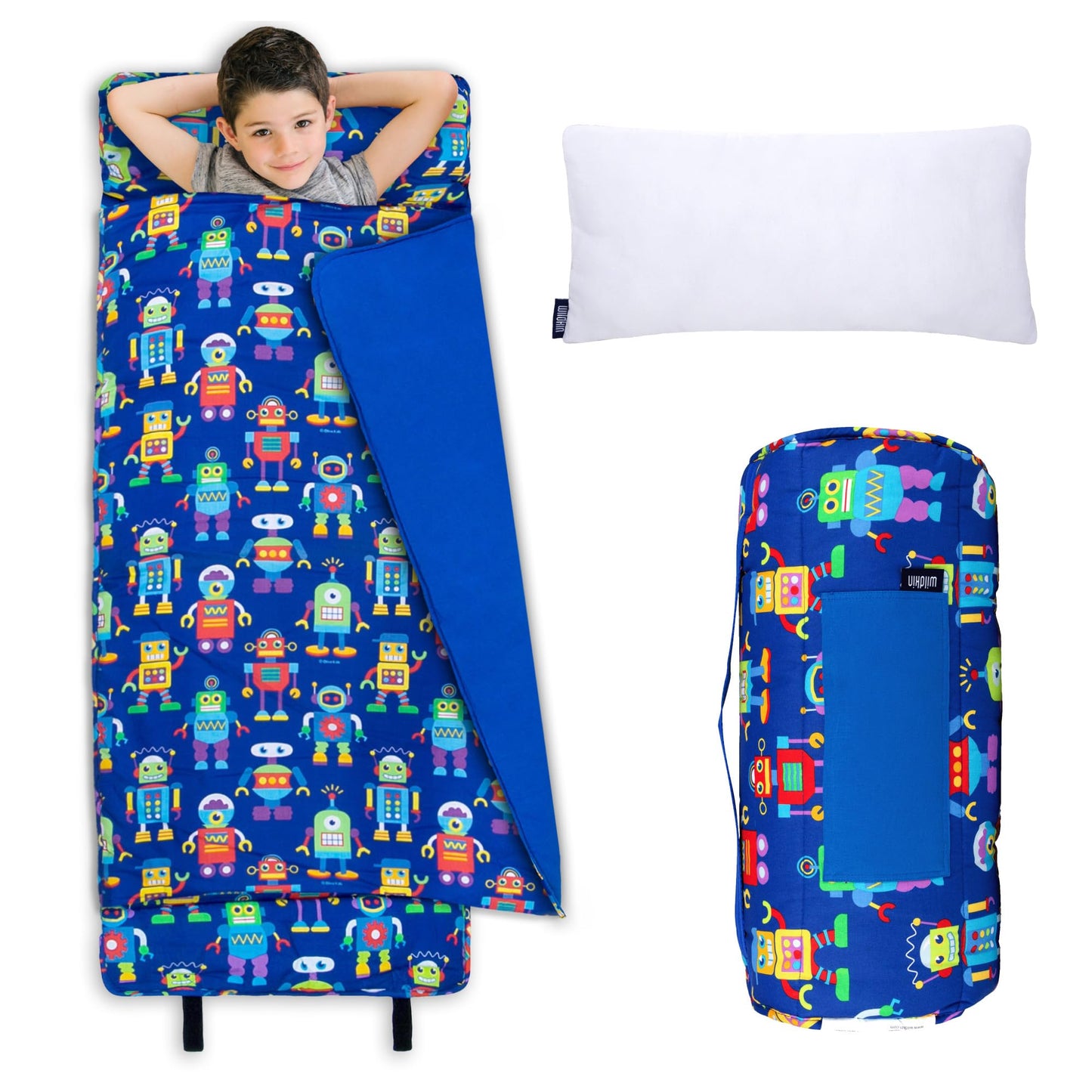 Wildkin Kids Original Nap Mat - Cozy Kids Sleep Mat with Pillow, Ideal for School & Travel - Robots