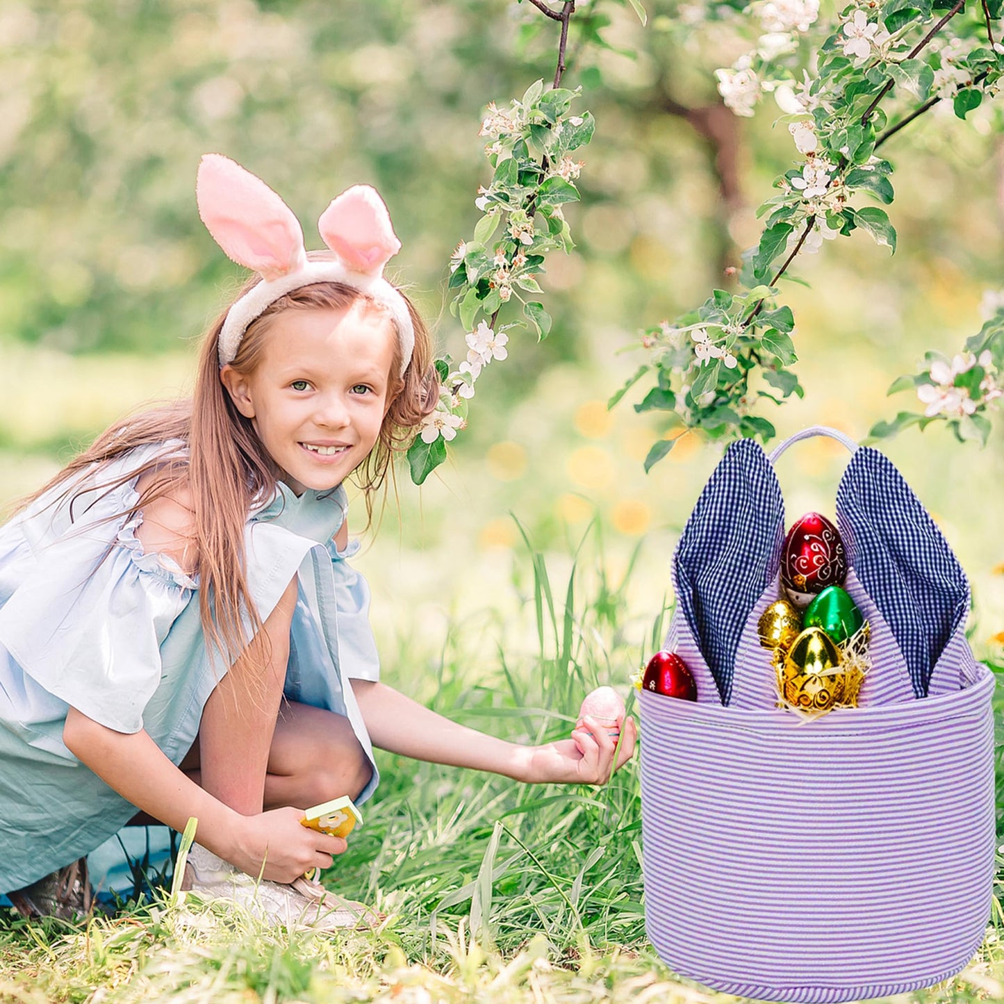 Leziazany Easter Basket Seersucker Egg Hunt Bunny Baskets For Kids With Cute Rabbit Ears Stripe Storage Gifts Candies Personaliz