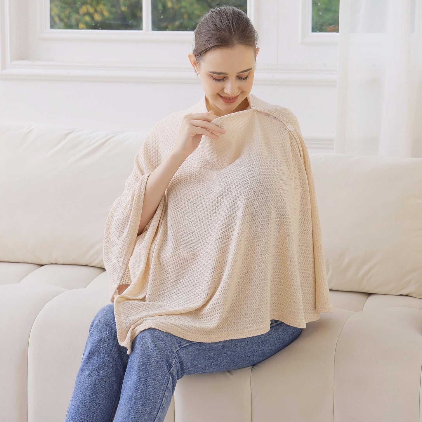 Knit Nursing Cover For Baby Breastfeeding, Breathable And Soft, Wide Neck With Stretch For Easy View (Cream)