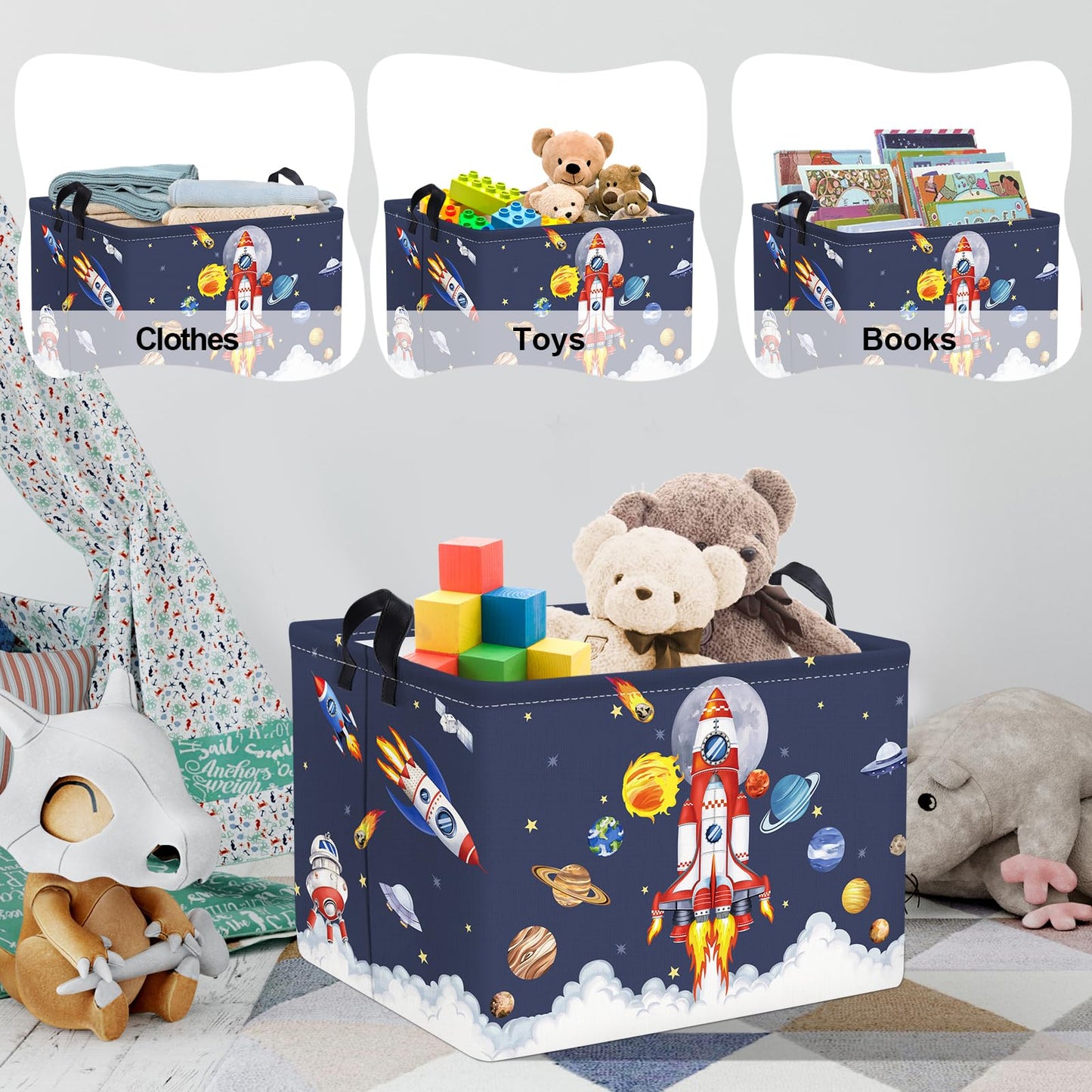 Clastyle Space Rocket Launch Storage Basket Boy Pool Beach Towel Bin Blue Planets Toy Book Shelf Basket Meteorit Rectangle Gift