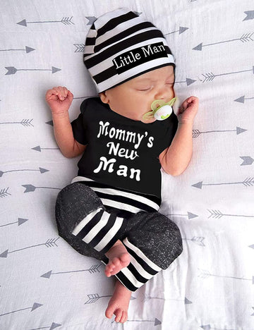 Newborn Baby Boy Clothes Mammy'S New Man Letter Print Short Sleeve Romper+Long Pants+Stripe Hat 3Pcs Outfits Set Newborn