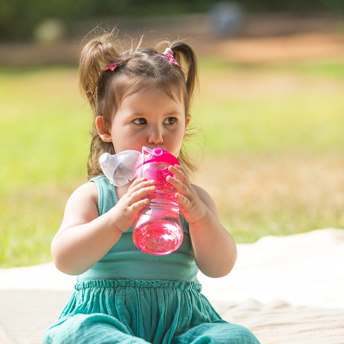 Nuby Thirsty Kids No Spill Sip-It Sport Tritan Travel Cup With Soft Silicone Spout And Hygiene Cover, 12 Oz, Pink Unicorn Print