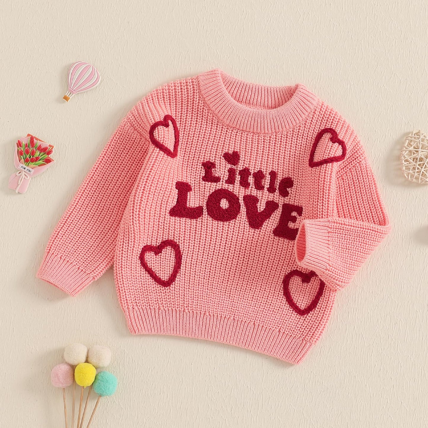 Toddler Baby Girl Valentines Day Outfit Little Love Heart Knit Sweater Long Sleeve Crewneck Pullover Fall Cute Top (Pink Little